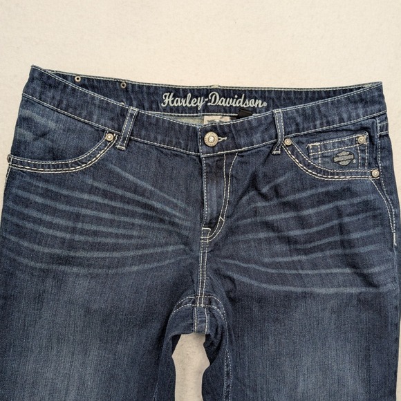 Harley-Davidson Women Jeans Sz 20 Dark Wash Bootcut Studded Logo Contrast Stitch - Picture 2 of 16